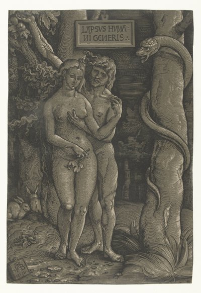 Adam og Evas fristelse i paradis Fall of Man Lapsvs Hvmani Generis (tittel på objekt) av Hans Baldung Grien