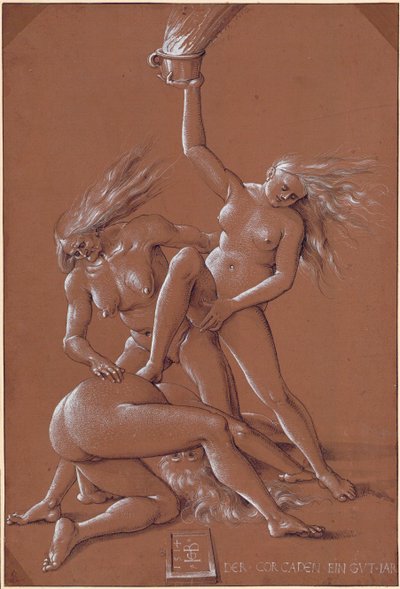 Nyttårshilsen med tre hekser - Kunstverk av Hans Baldung (1484-1545) blekk og hvitt kritt på papir av Hans Baldung Grien