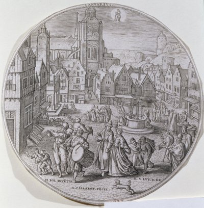 januar, viser borgere som feirer tolvte natt på torget i Bergen, fra et sett med tolv 'Årets måneder', gravert av Adriaen Collaert (1560-1618) av Hans Bol