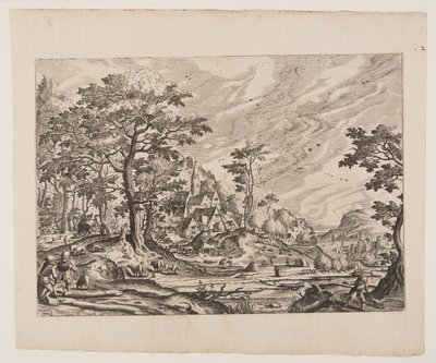 Utsikt over en landsby, en mann som bærer en trillebår, plate 8 fra Landskap med utsikt over landsbyer av Hans Bol