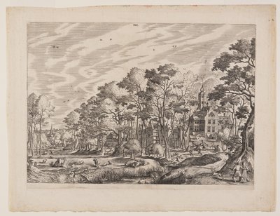 Utsikt over en landsby med et slott til høyre, plansje 1 fra Landskap med utsikt over landsbyer av Hans Bol