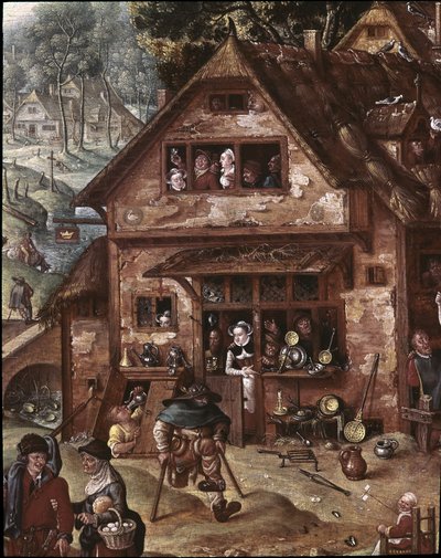 Utsikt over landsbyen med burleske scener. Detalj av tavernaen av Hans Bol