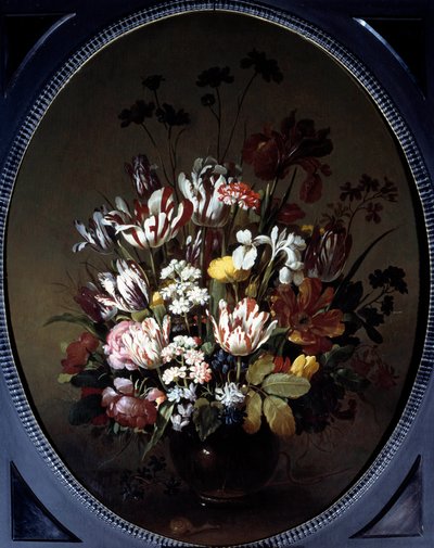 Vase med blomster. Maleri av Hans Bollongier (v.1600-ap. 1644), Ec. Hol. Olje på lerret. Dimensjon: 0,83 X 0,68m. Chalon-Sur-Saone, Denon-museet av Hans Bollongier