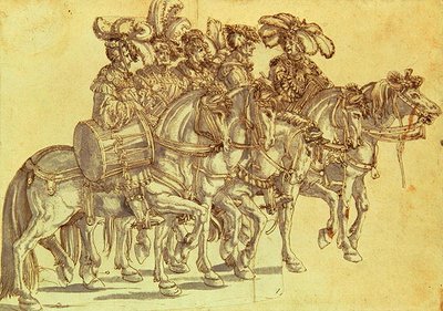 Fem trommeslagere til hest, ca. 1500 (penn og blekk og vask på papir) av Hans Burgkmair