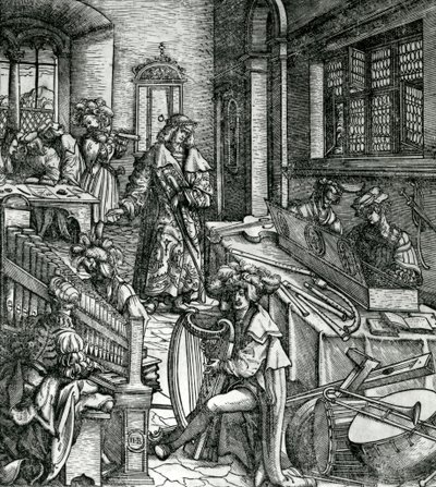 History of Music, fra romanen 'Der Weisskunig' til ros av hans keiser Maximilian I av Hans Burgkmair