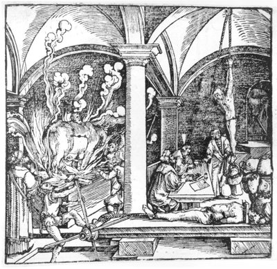 The Questioning, illustrasjon fra en bok av Cicero Teutsch, Augsbourg, 1533 av Hans Burgkmair