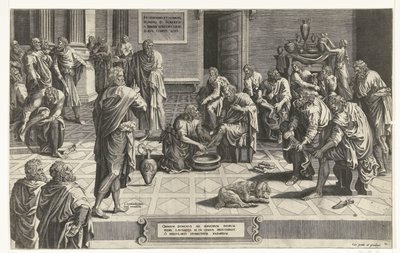 Christ wast de voeten van de discipelen Alles Herre legger seg ned på kne for å vaske føttene til sine tjenere, et eksempel på enestående ydmykhet (tittel på objekt) av Hans Collaert (I) (attributed to)