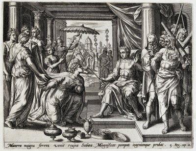 Salomo ontangt de koningin van Seba Geschiedenis van Salomo (serietittel) The History of King Salomon (...) (serietittel) Skatten til den hellige historien til det gamle testamentet, valgt med de mest utmerkede bilder uttrykt i denne kunsten av Hans Collaert (I) (attributed to)