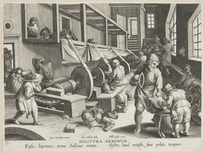 Politura Armorum (Poleringsvåpen), plate 17 fra serien Nova Reperta (Modern Discoveries) c.1588 (gravering på lagt papir) av Hans Collaert