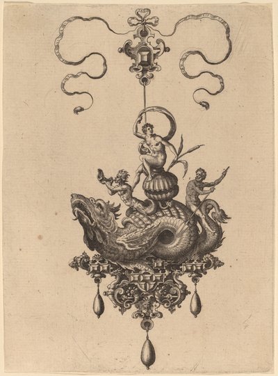 Design for et anheng med sjømonster som bærer en kvinne på et skjell flankert av en Triton og en mann med en åre av Hans Collaert the Elder