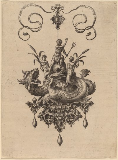 Design for et anheng med et havmonster som bærer Neptun flankert av to Nereider av Hans Collaert the Elder