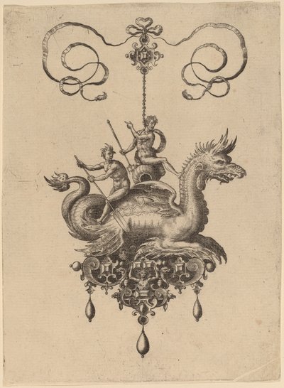 Design for et anheng med et havmonster som bærer Neptun på en urne flankert av en elvegud med en åre av Hans Collaert the Elder