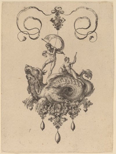 Design for et anheng med et sjømonster som bærer Thetis og en mann med seil av Hans Collaert the Elder