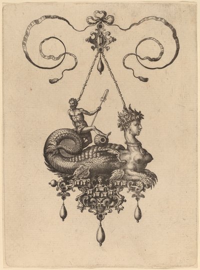 Design for et anheng med en sfinks med kroppen til en fisk som bærer en mann med en åre av Hans Collaert the Elder