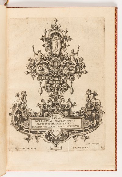 Plate 1, tittelside fra en suite på ti, med tittelen Monilium Bullarum Inauriumque Artificocissimae Icones, Ioannis Collaert Opus Postremum (Designer for halskjeder, anheng og øredobber av høyeste ferdighet, sluttverket av Joannis Collaert) av Hans Collaert the Elder
