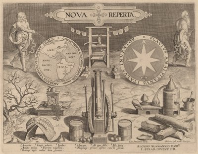 Tittelside for Nova Reperta (nye oppdagelser) av Hans Collaert the Younger after Jan van der Straet