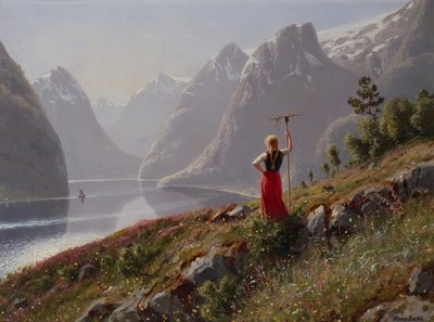 Jente med rake i fjordlandskap av Hans Dahl