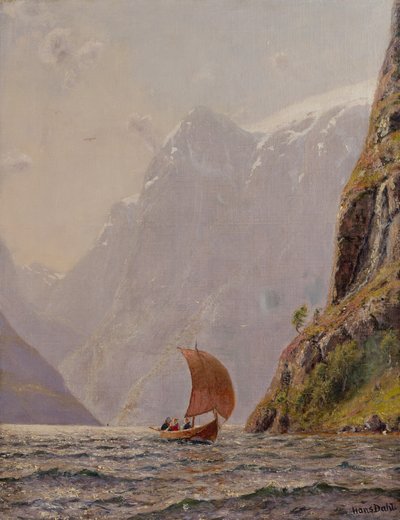 Seiling i en fjord (olje på lerret) av Hans Dahl