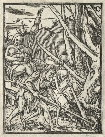 Dødedansen: Utvisning fra paradis; Adam dyrker bakken av Hans Holbein