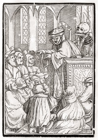 Døden kommer for predikanten, gravert av Georg Scharffenberg, fra 'Der Todten Tanz', utgitt Basel, 1843 av Hans Holbein der Jüngere