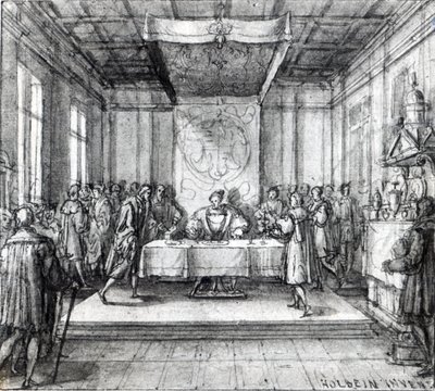 Henry VIII i sitt private kammer (penn, blekk og vask på papir) av Hans Holbein der Jüngere