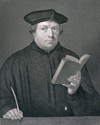 Martin Luther (1483-1546), gravert av W. Holl, fra 'World Religion', utgitt av A. Fullarton und Co. av Hans Holbein der Jüngere