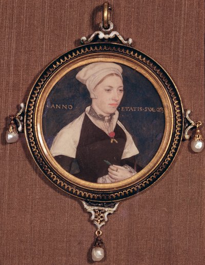 Miniatyrportrett av Jane Small, tidligere kjent som Mrs. Robert Pemberton, ca. 1540 (wc på vellum montert på spillekort) av Hans Holbein der Jüngere