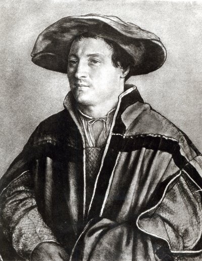 Portrett av en mann med rød hatt, ca. 1530 (kritt og wc på papir) av Hans Holbein der Jüngere