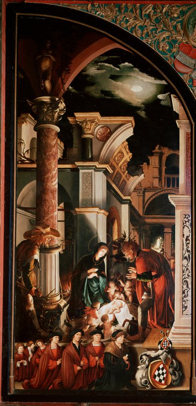 Altertavle Oberried: "The Adoration of Shepherds"" Detrempe på tre av Hans Holbein den unge (1497/8-1543) 1521-1522 Søn. 231x109 cm Cathedrale de Fribourg, Sveits av Hans Holbein der Jüngere