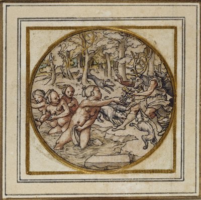 Diana og Actaeon - Design for et anheng eller hattemerke, ca. 1532-43 (penn og blekk på papir) av Hans Holbein der Jüngere