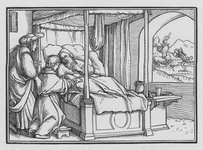 Jakob forfører sin Far og får velsignelsen, 1. Mosebok XXVII, 21 av Hans Holbein der Jüngere