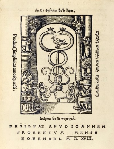 Trykkermerke av Johann Frobens (ca. 1460 -1527) som viser to hender som holder caduceus fra 1518 tredje utgave av 