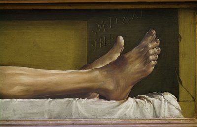 The Body of the Dead Christ, detalj av føttene og signatur og dato for verket, 1521 tempera på limewood av Hans Holbein der Jüngere