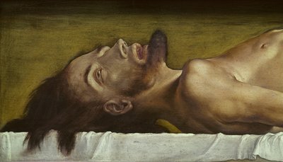 The Body of the Dead Christ, detalj av hodet, 1521 tempera på limewood av Hans Holbein der Jüngere