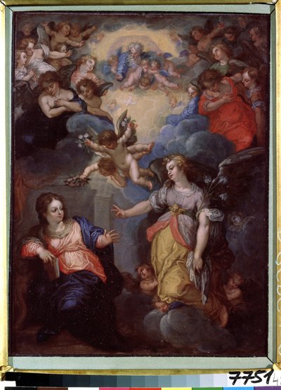 Kunngjøringen. Maleri av Hans Rottenhammer Lyske (1564-1625). Olje på kobber, 37 x 21 cm. Tysk kunst, mannerisme. Statens museum for utenlandsk kunst i Latvia, Riga (Latvia). av Hans I or Johann Rottenhammer