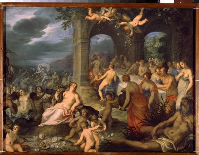 Gudsfesten, ekteskapet mellom Peleus og Thetis. Til venstre, Merin-guddommer (salamander og naider). I midten, jordgudinnen Tellus Mater (eller Terra Mater eller Gaia) med et abonhorn av Hans I or Johann Rottenhammer