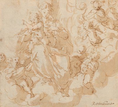 Recto: Jomfruen og barnet sittende på skyer, omgitt av putti av Hans I or Johann Rottenhammer