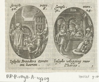 Jozef verkoopt koren aan zijn broers / Jozef verklaart de droom van de farao Scènes uit het leven van Jozef (series title)   1331966   no       norwegian Successfully Translated  Original: Katoenverwerker met zadel Watakuri uma (title on object) Een serie  av Hans Janssen