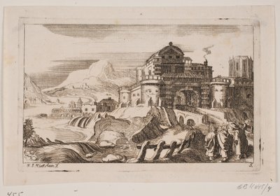 Landskap med Jesus og to apostler foran en byport av Hans Jørgen Kirksteen