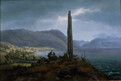 Frithjof-minnesteinen på Leikanger ved Balestrand i Soon (olje på lerret) av Hans Leganger Reusch