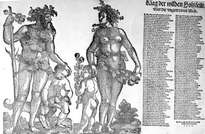 Bredside om tilbaketrekningen av skogens ville menn fra en verden som har endret seg til det verre, tresnitt laget av Hans Guldenmund, 1545 av Hans Leonard Schaufelein