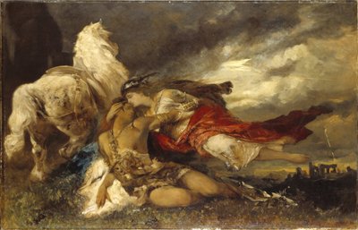 Valkyrie et un heros mourant - Valkyrie and a Dying Hero, av Makart, Hans (1840-1884). Olje på lerret. Mål: 130x200 cm. Nationalmuseum Stockholm av Hans Makart