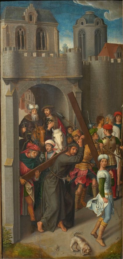 Golgata Triptych: Christ Carrying the Cross, venstre fløy, 1480-tallet. av Hans Memling