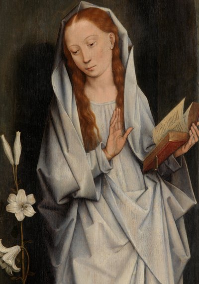 Detalj av jomfruen, fra baksiden av et par vinger som viser kunngjøringen (olje på panel) av Hans Memling