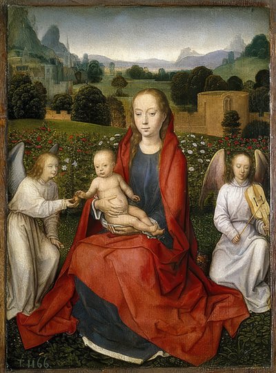 Madonna med barnet og to engler. 1480-90 av Hans Memling