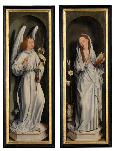 Baksiden av et par vinger som viser kunngjøringen (olje på panel) av Hans Memling