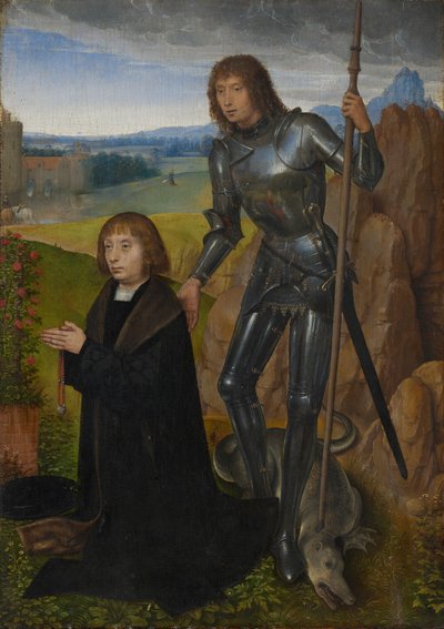Panel fra en diptyk: Sankt Georg med donor (yttersiden adskilt; se inv. nr. 1401) av Hans Memling