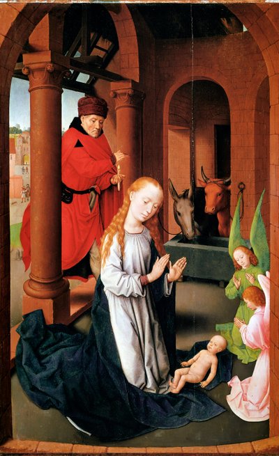 Fødselen. Venstre panel av Triptych of Adoration (Detrempe på tre, ca. 1470) av Hans Memling