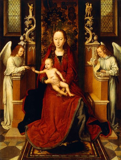 Jomfruen og barnet tronet med to engler, av Hans Memling
