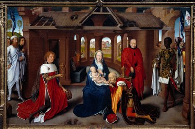 Triptych of Adoration of the Magi: sentralpanel. Magiene er som Charles the Temeraire og Philip the Good. Detrempe på tre av Hans Memling (1433-1494). ca 1470, søn. 0,95x1,45 m Madrid. Musee du Prado. - Triptych of the Adoration of the Magi: cent av Hans Memling